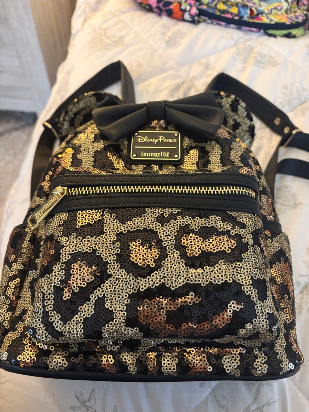 Loungefly Black & Gold Sequin Leopard Mini Backpack with Bow